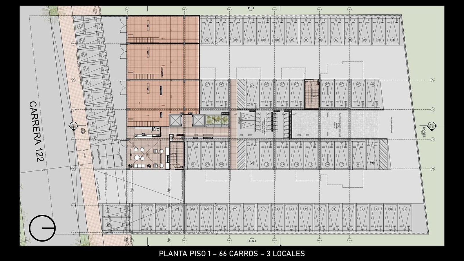 Planta del primer piso con parqueaderos y tres locales sobre la Carrera 122