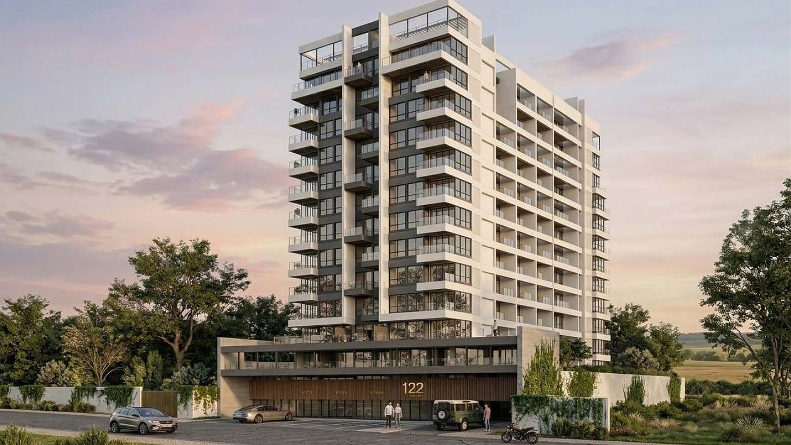 Render de la torre Aúreo en Pance, Cali, al atardecer, con la plataforma comercial sobre la Carrera 122