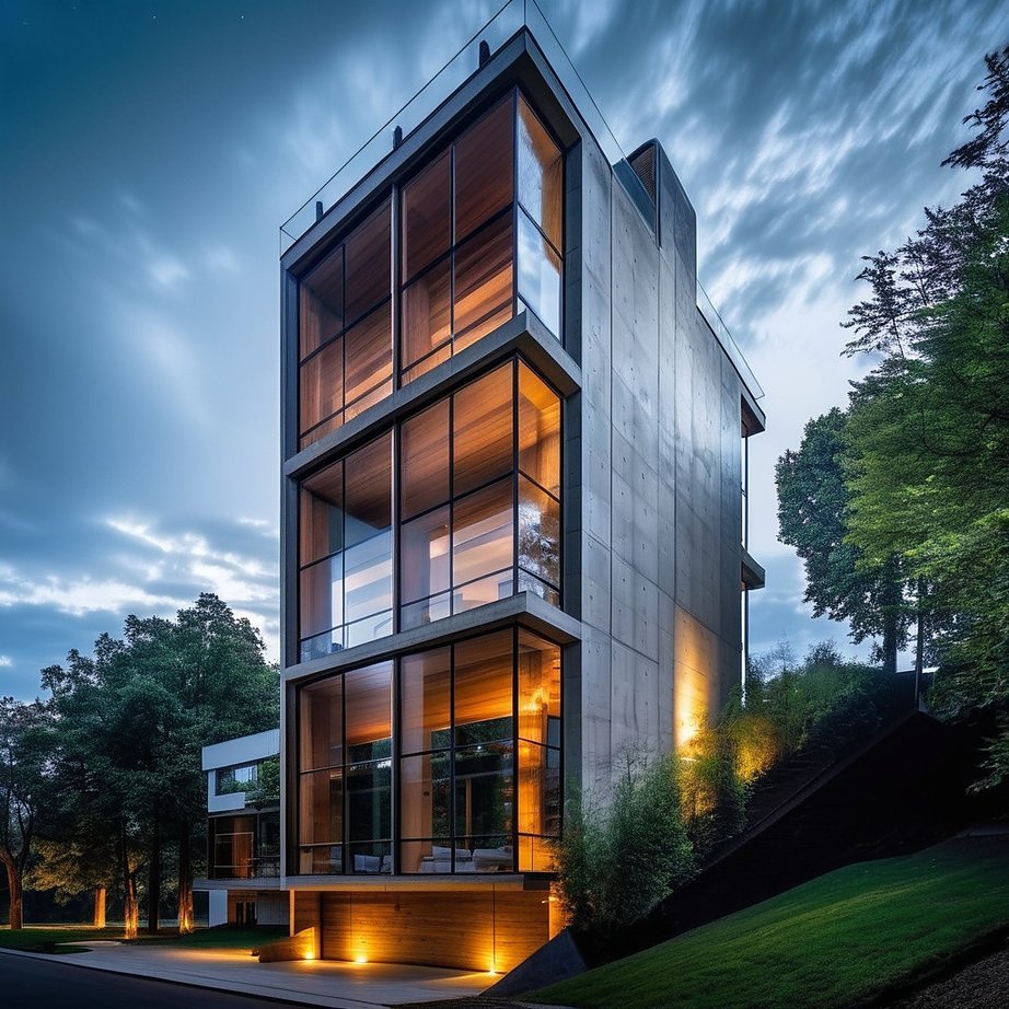 Render de Taiki Living: volumen de concreto y vidrio iluminado al atardecer, rodeado de árboles