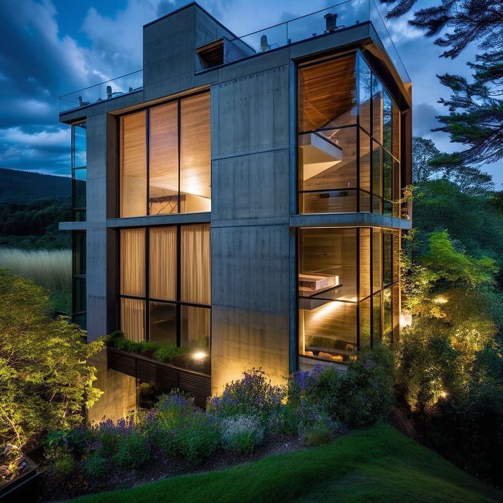 Esquina del edificio con jardín y fachada de concreto iluminada